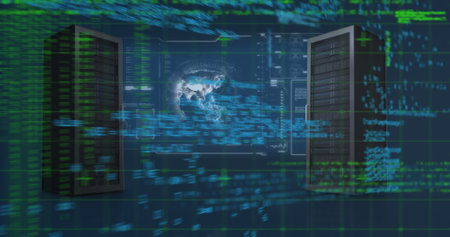 Image of servers and globe over data processing. Global business and digital interface concept...