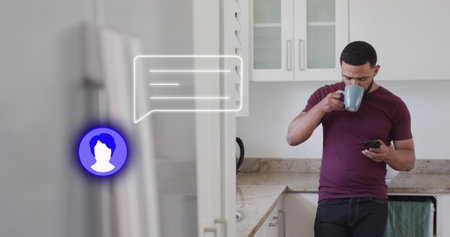 Image of social media icons over african american man using smartphone. Global technology, social...