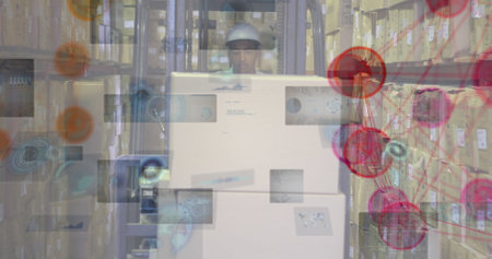 Image of network of connections over african american male worker in warehouse. Global shipping,...