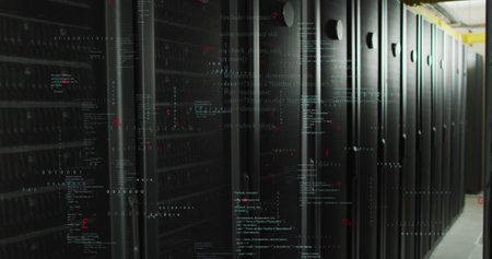 Image of binary coding data processing and symbols against computer server room. Computer interface...