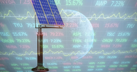Image of financial data processing over solar panel and globe on blue background. Global business,...