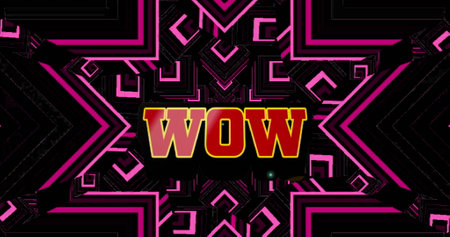 Image of wow text over falling pink kaleidoscopic shape on dark background. Global social media and educations concept digital generated image.の写真素材