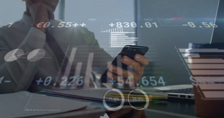 Image of financial data processing over caucasian businessman using smartphone. Global business,...