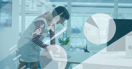 Image of data processing over asian businesswoman. Global cyber security, computing, digital...