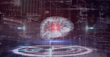Image of data processing over brain. Global business and digital interface concept digitally...