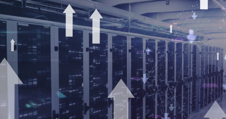 Image arrow moving upwards over illuminating data server racks. Digital composite, network security,...