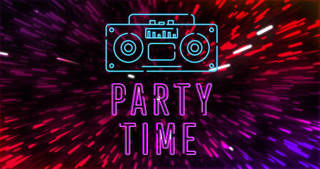 Image of party time text with radio icon over light trails on black background. Retro future, colour and background concept digitally generated image.の写真素材