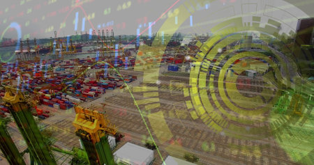 Image of financial data processing over shipyard. Business, finances, transport, shipping and digital interface concept digitally generated image.の写真素材