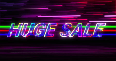 Image of huge sale text over light trails on black background. Retro future, colour and background concept digitally generated image.の写真素材