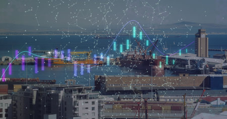 Image of data processing over shapes and port. Global business, finances and digital interface...