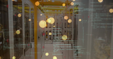 Image of data processing and yellow glowing spots falling against computer server room. Computer...