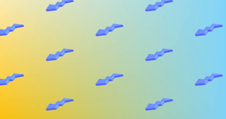 Image of blue lightning icons repeated on yellow and green background. Abstract, colour, shapes and pattern concept digitally generated image.の写真素材