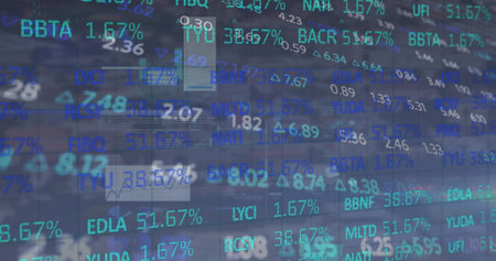 Image of statistical and stock market data processing against blue background. Global economy and...