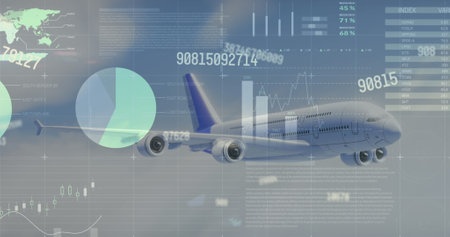 Image of charts, world map and data processing aeroplane flying in blue cloudy sky. Global finance, business, travel, data and digital interface concept digitally generated image.の写真素材