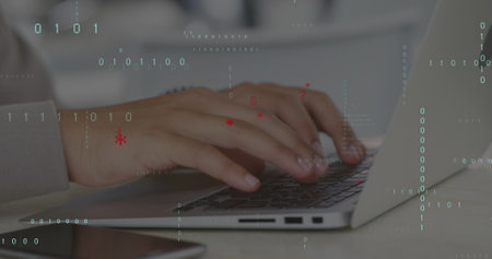 Image of data processing over hands using laptop. Global business and digital interface concept...