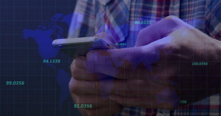 Multiple numbers floating over world map against mid section of a man using smartphone. Global...