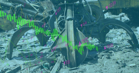 Image of multiple graphs moving over garbage lifting crane on land at junkyard. Digital composite, multiple exposure, business, report, recycling, landfill, pollution and machinery concept.の写真素材