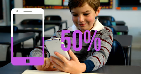 Image of smartphone icon with growing number over caucasian schoolboy using smartphone. Global...