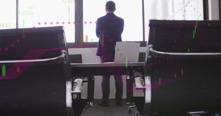Image of financial data processing over caucasian businessman. Global finances, business and digital...