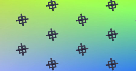 Image of black shapes repeated on green background. Abstract, colour, shapes and pattern concept digitally generated image.の写真素材