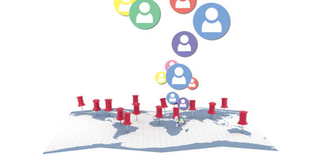 Image of multiple colourful digital social media people icons over world map with red location pins. global social media networking concept digitally generated image.の写真素材
