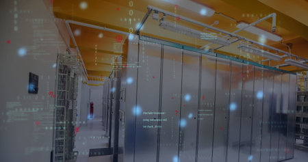 Image of data processing, symbols and blue glowing spots against computer server room. Computer...