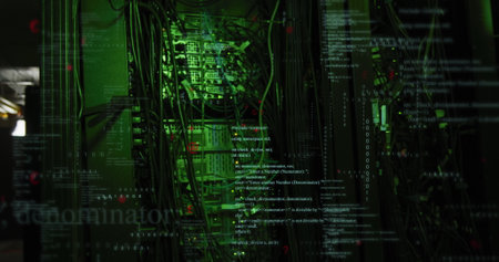 Image of data processing against close up of a computer server. Computer interface and business data...