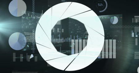 Image of camera shutter icons over multiple screens with data processing against grey background. Global networking and business technology conceptの写真素材