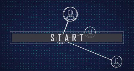 Image of network of profile icons and start text banner against dots pattern on blue background....