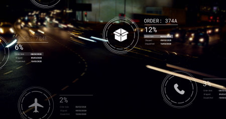 Image of icons with data processing over street with cars. Global delivery, shipping and retail...