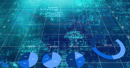 Image of data processing and shapes over digital lorry on blue background. Global finance and business and digital interface concept digitally generated image.の写真素材