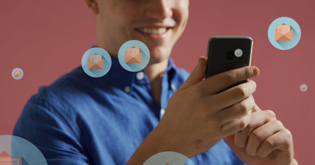 Image of social media data processing over caucasian businessman using smartphone. Global social...