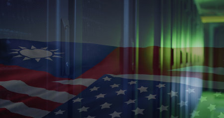 Image of computer servers over flag of taiwan and united states of america. Global computing,...