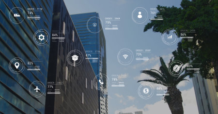 Image of icons with data processing over cityscape. Global delivery, shipping and retail concept...