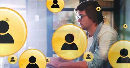 Image of multiple profile icons over caucasian programmer frustrated as unable to crack code. Digital composite, multiple exposure, business, abstract, profession and technology concept.の写真素材