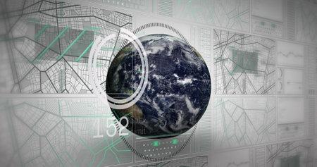 Image of navigation pattern, loading circles, changing numbers over globe on white background....