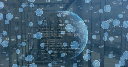 Image of media hubs and globe over processing data and server room. Connection, data, global...