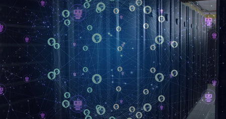 Image of global network of people and chatbot icons rotating over dark computer server room. Ai,...