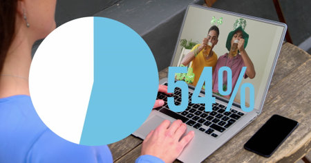 Image of pie graph filling up icon with increasing percentage over woman having image call. Global...