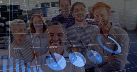 Image of financial data processing over diverse male and female colleagues in office. Global...