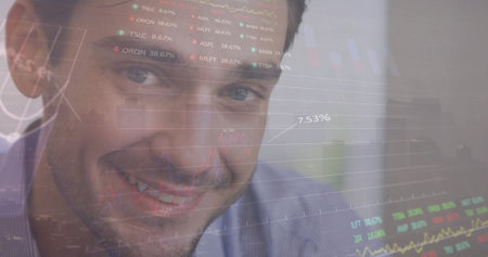 Image of financial data processing over biracial businessman and cityscape. Global business, finances, computing and digital interface concept digitally generated image.の写真素材