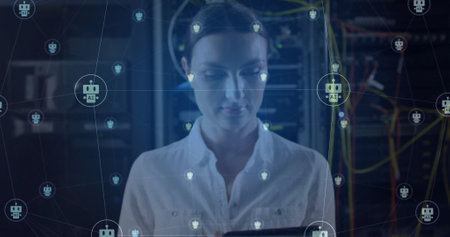 Image of ai chatbot icons over caucasian female technician working in server room. Ai, connection,...