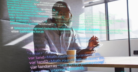 Image of financial data processing over african american businessman in office. Global finance,...