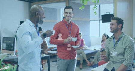 Image of social media icons and data processing over diverse business people in office. Global...