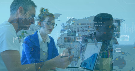 Image of geometric shapes on map and bars over diverse coworkers discussing reports on laptop....