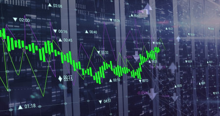 Image of data processing over computer servers. Global business, finance, digital interface,...