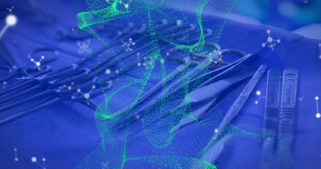 Image of molecular structures and green digital wave against close up of medical instruments....