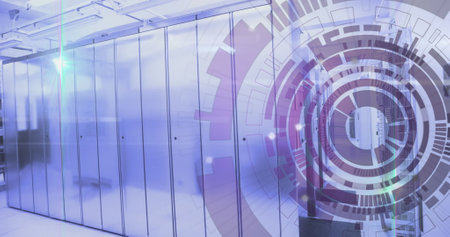Image of lens flares and loading circles over server racks in server room. Digital composite,...