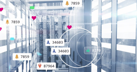 Social media icons and notifications with data processing over computer server room. Social media,...