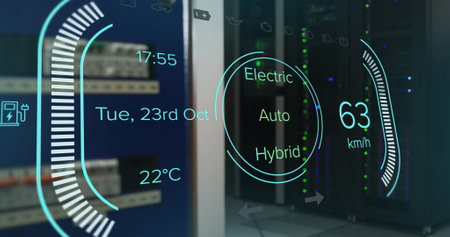 Hybrid vehicle interface screen over dark computer server room. Transport, electricity and digital...